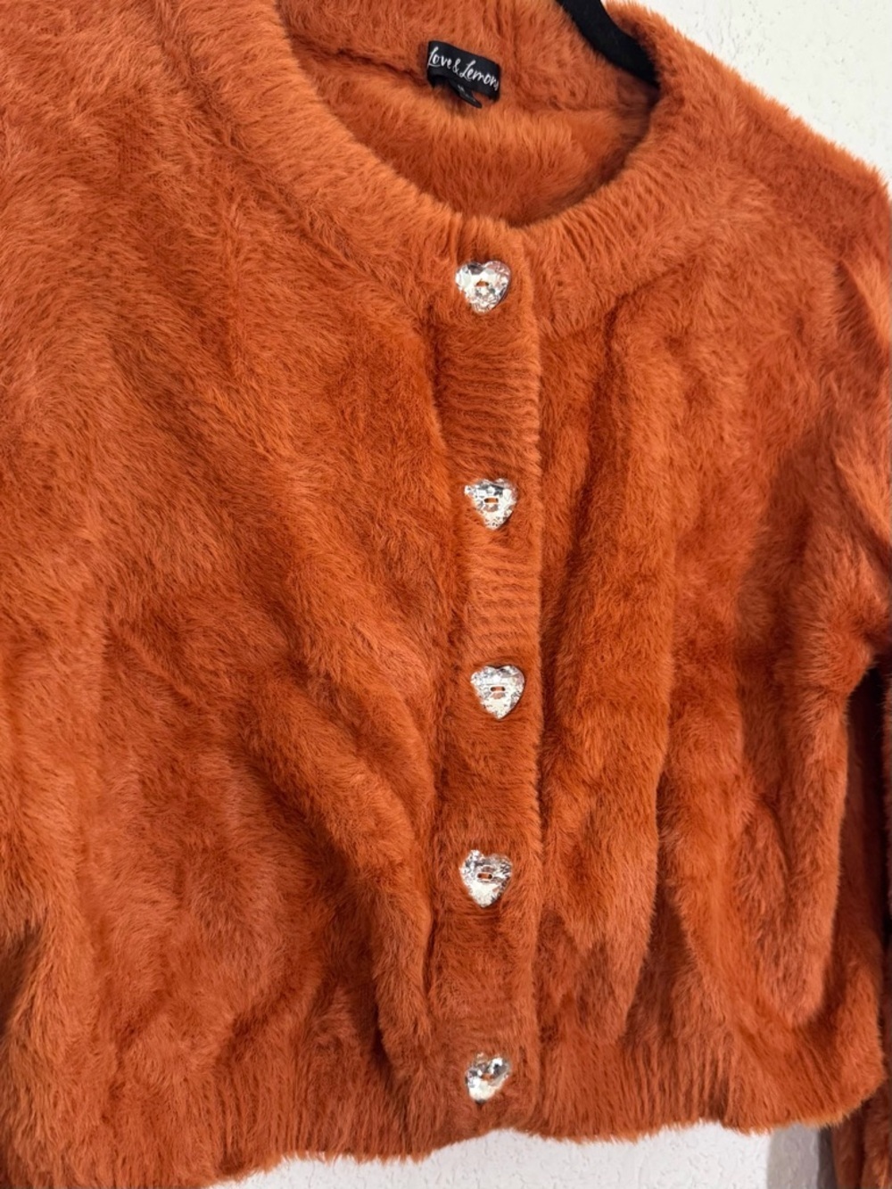 For Love & Lemons Myriam Heart Crystal Cropped Cardigan Sweater Orange Medium - Picture 3 of 6